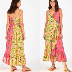 FARM Rio Garden Mix Wrap Dress pink yellow Large
